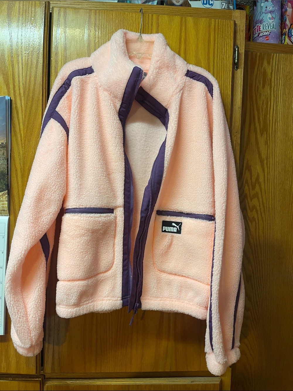 Puma Light Pink Sherpa Jacket with Purple Trim